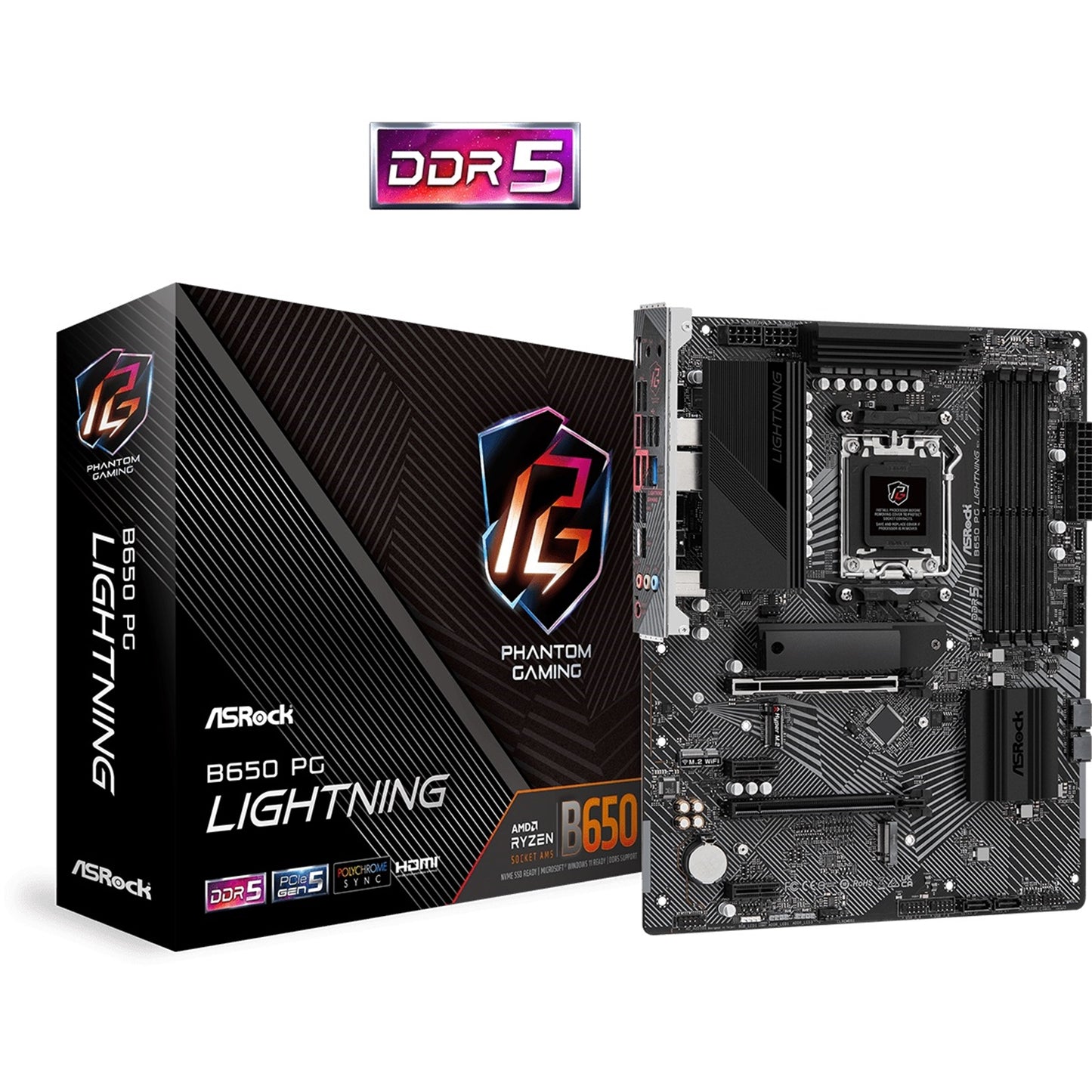 ASRock, ASRock B650 PG Lightning AMD AM5 Socket Motherboard, ATX, 4x DDR5 Slots, 3x M.2 Sockets, Fitted I/O Shield, 2.5GbE LAN, 1x HDMI Port, AMD B650, ATX Form Factor: 12.0-in x 9.6-in, 30.5 cm x 24.4 cm8 Layer PCB