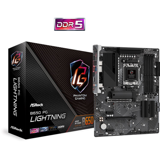 ASRock, ASRock B650 PG Lightning AMD AM5 Socket Motherboard, ATX, 4x DDR5 Slots, 3x M.2 Sockets, Fitted I/O Shield, 2.5GbE LAN, 1x HDMI Port, AMD B650, ATX Form Factor: 12.0-in x 9.6-in, 30.5 cm x 24.4 cm8 Layer PCB