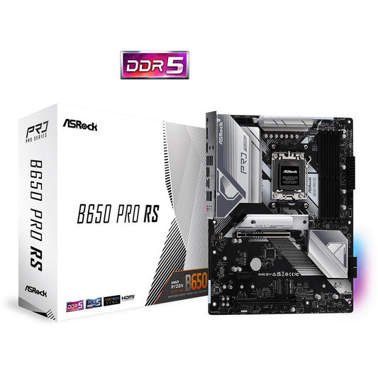ASRock B650 Pro RS AMD AM5 Socket Motherboard, ATX, 4x DDR5 Slots, 4x M.2 Sockets, 2x USB-C Port, Fitted I/O Shield, 2.5GbE LAN, 1x DisplayPort / 1x HDMI Port - PC Gear UK