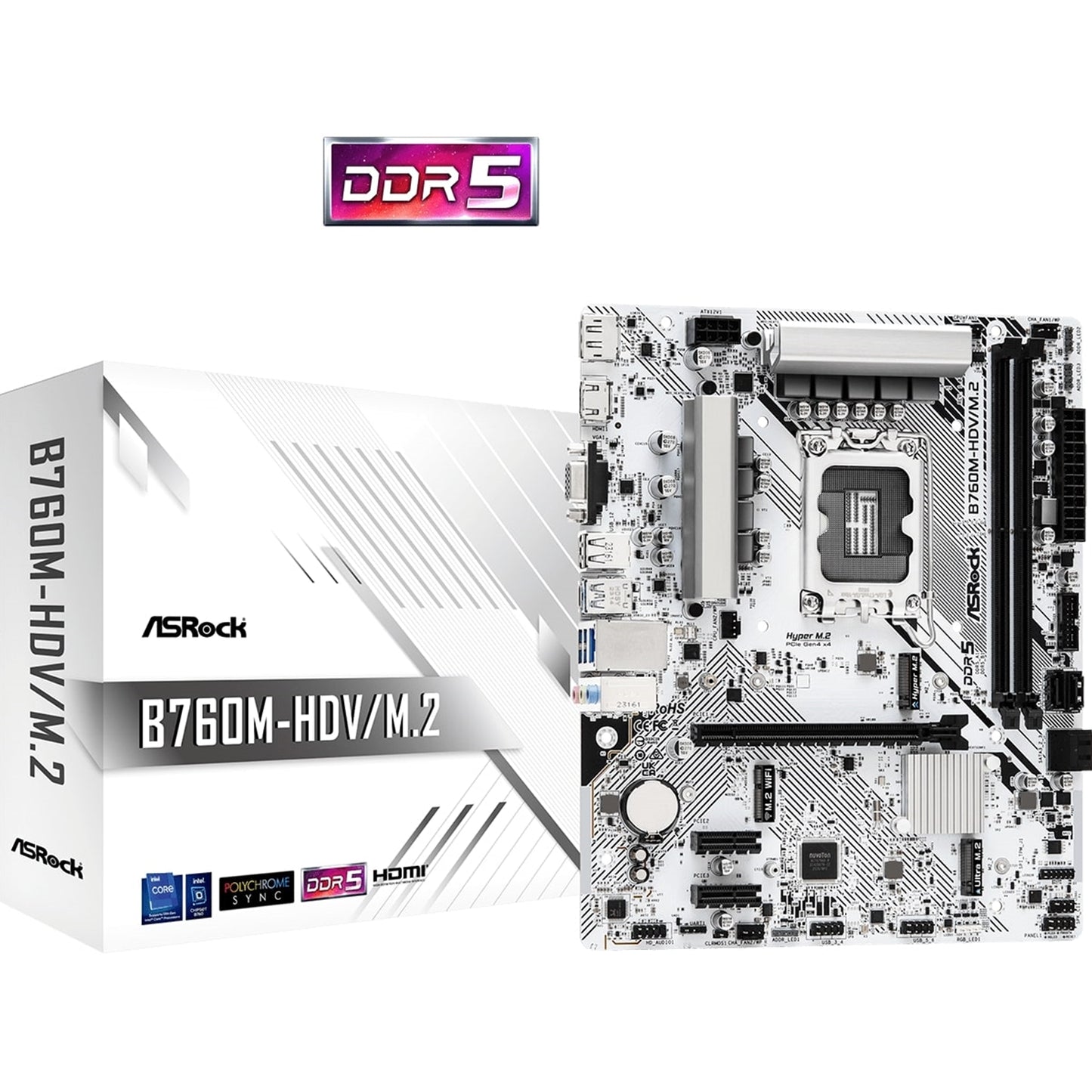 ASRock, ASRock B760M-HDV/M.2 Intel 1700 Socket Motherboard, Micro-ATX, 2x DDR5 Slots, 2x M.2 Sockets, 2.5GbE LAN, 1x D-Sub / 1x DisplayPort / 1x HDMI Port, Intel B760, Micro ATX Form Factor: 9.6-in x 7.9-in, 24.4 cm x 20.1 cm
