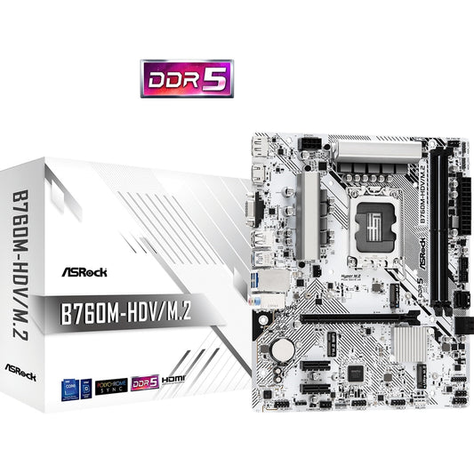 ASRock, ASRock B760M-HDV/M.2 Intel 1700 Socket Motherboard, Micro-ATX, 2x DDR5 Slots, 2x M.2 Sockets, 2.5GbE LAN, 1x D-Sub / 1x DisplayPort / 1x HDMI Port, Intel B760, Micro ATX Form Factor: 9.6-in x 7.9-in, 24.4 cm x 20.1 cm