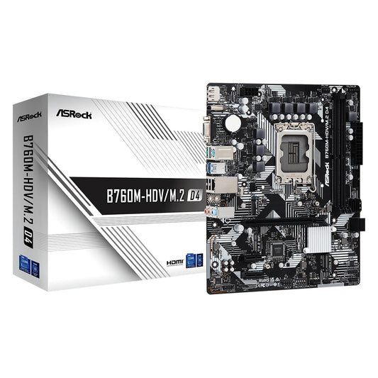 ASRock, ASRock B760M-HDV/M.2 D4 Intel 1700 Socket Motherboard, Micro-ATX, 2x DDR4 Slots, 2x M.2 Sockets, GbE LAN, 1x D-Sub / 1x DisplayPort / 1x HDMI Port, Intel B760, Micro ATX Form Factor: 9.6-in x 7.9-in, 24.4 cm x 20.1 cm
