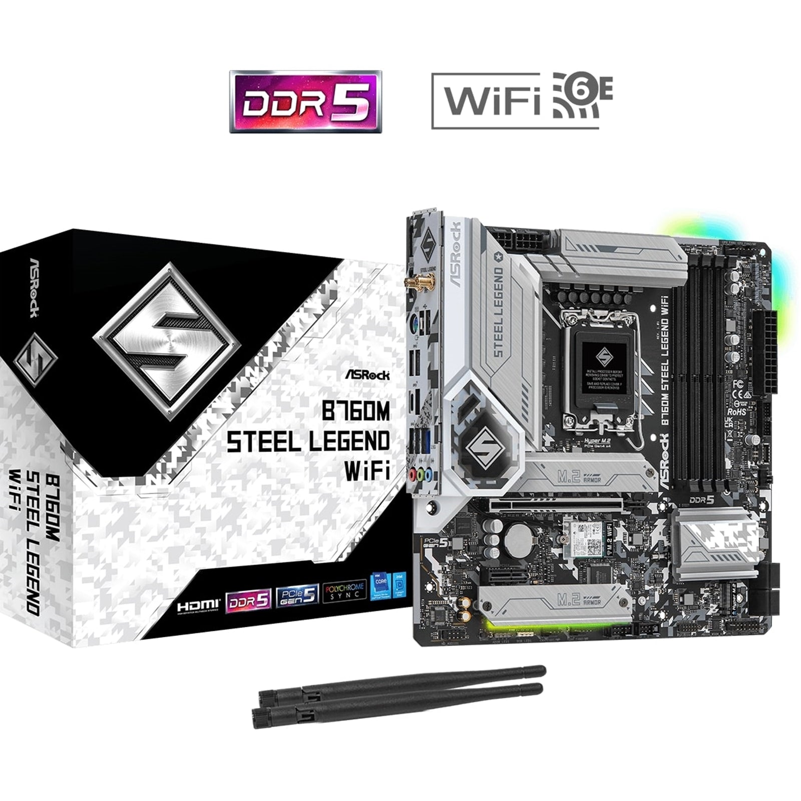 ASRock B760M Steel Legend WiFi Intel 1700 Socket Motherboard, Micro-ATX, 4x DDR5 Slots, 4x M.2 Sockets, 2x USB-C Port, Fitted I/O Shield, 2.5GbE LAN, Wi-Fi 6E, 1x DisplayPort / 1x HDMI Port - PC Gear UK
