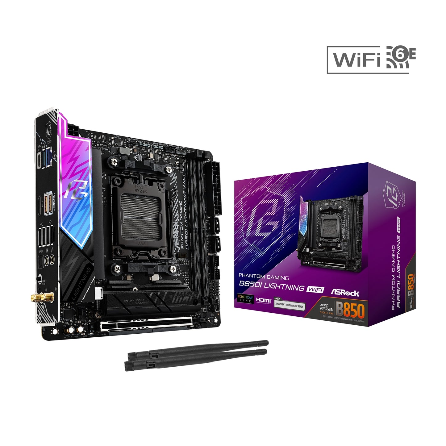 ASRock, ASRock B850I Lightning WiFi PHANTOM GAMING AMD AM5 Socket Motherboard, Mini-ITX, 2x DDR5 Slots, 2x M.2 Sockets, Fitted I/O Shield, 2.5GbE LAN, Wi-Fi 6E, 1x HDMI Port / 1x USB-C, AMD B850