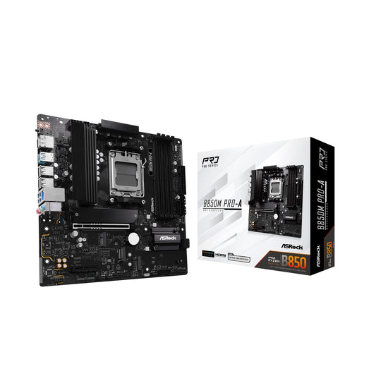 ASRock B850M Pro-A AMD AM5 Socket Motherboard, Micro-ATX, 4x DDR5 Slots, 3x M.2 Sockets, 2x USB-C Port, 2.5GbE LAN, 1x DisplayPort / 1x HDMI Port - PC Gear UK