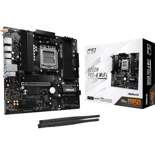 ASRock B850M Pro-A WiFi AMD AM5 Socket Motherboard, Micro-ATX, 4x DDR5 Slots, 3x M.2 Sockets, 2x USB-C Port, 2.5GbE LAN, Wi-Fi 6E, 1x DisplayPort / 1x HDMI Port - PC Gear UK