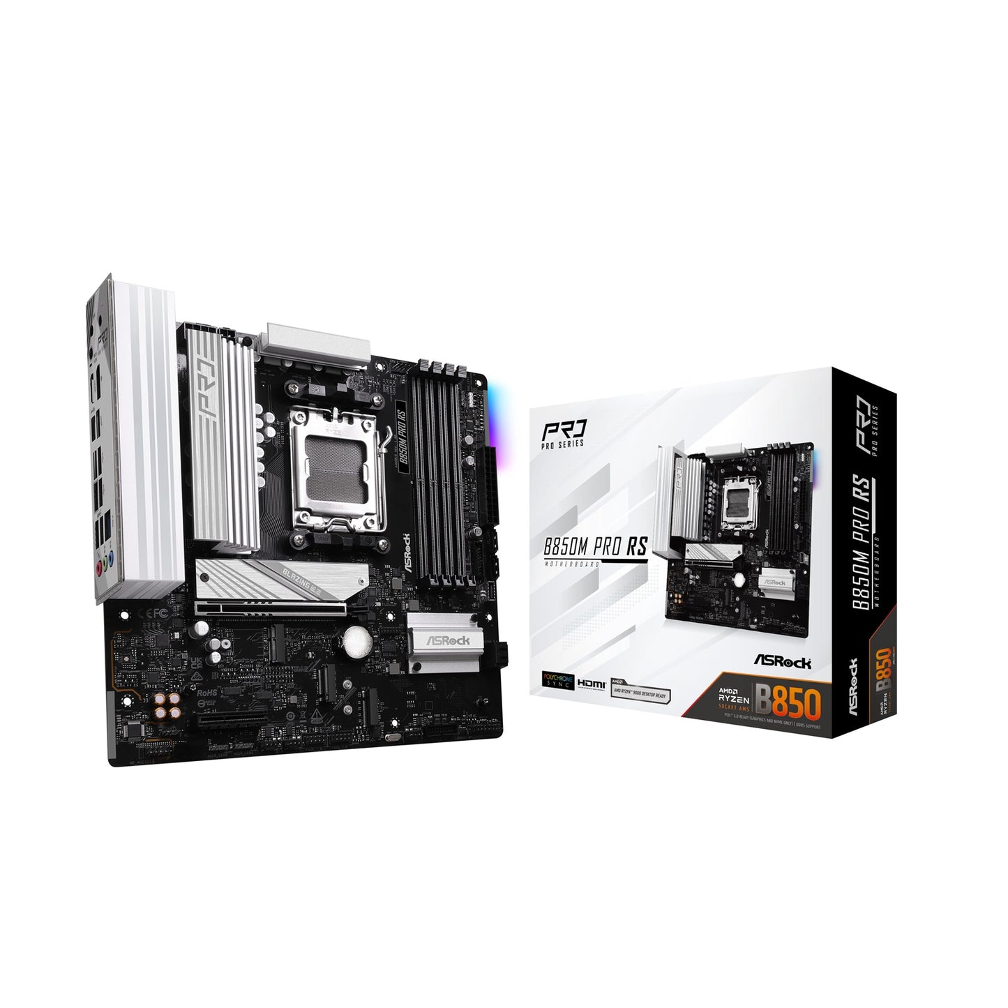 ASRock, ASRock B850M Pro RS AMD AM5 Motherboard | Micro-ATX | 4x DDR5 | 3x M.2 | 2.5GbE, AMD B850