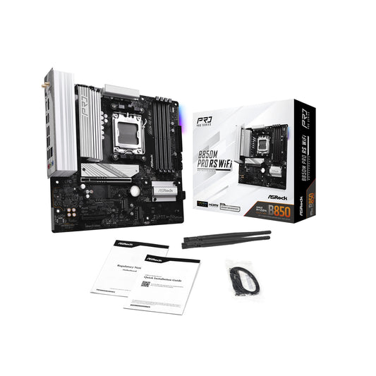 ASRock B850M Pro RS WiFi AMD AM5 Socket Motherboard, Micro-ATX, 4x DDR5 Slots, 3x M.2 Sockets, Fitted I/O Shield, 2.5GbE LAN, Wi-Fi 6E, 1x DisplayPort / 1x HDMI Port