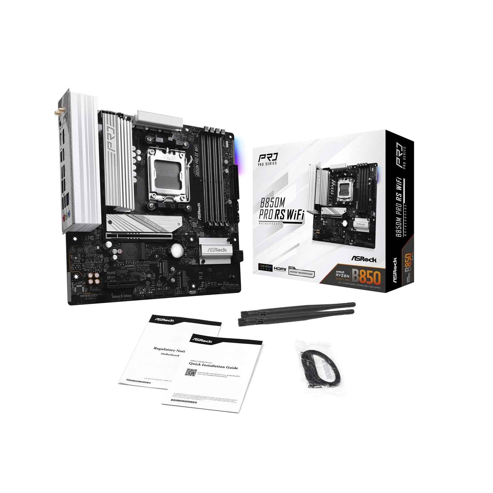 ASRock B850M Pro RS WiFi AMD AM5 Socket Motherboard, Micro-ATX, 4x DDR5 Slots, 3x M.2 Sockets, Fitted I/O Shield, 2.5GbE LAN, Wi-Fi 6E, 1x DisplayPort / 1x HDMI Port