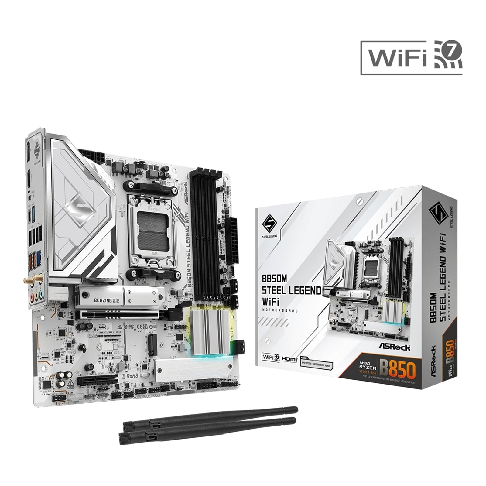 ASRock B850M Steel Legend WiFi AMD AM5 Socket Motherboard, Micro-ATX, 4x DDR5 Slots, 3x M.2 Sockets, 2x USB-C Port, Fitted I/O Shield, 2.5GbE LAN, Wi-Fi 7, 1x DisplayPort / 1x HDMI Port - PC Gear UK