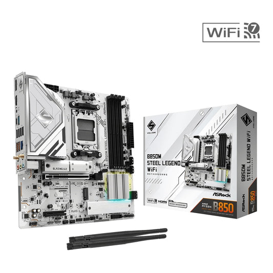 ASRock B850M Steel Legend WiFi AMD AM5 Socket Motherboard, Micro-ATX, 4x DDR5 Slots, 3x M.2 Sockets, 2x USB-C Port, Fitted I/O Shield, 2.5GbE LAN, Wi-Fi 7, 1x DisplayPort / 1x HDMI Port - PC Gear UK