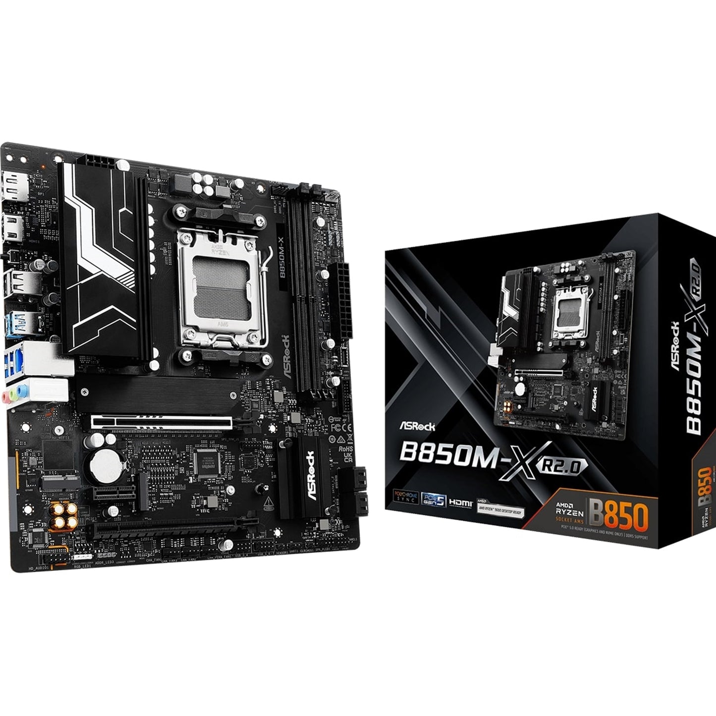 ASRock, ASRock B850M-X AMD AM5 Motherboard | Micro-ATX | 2x DDR5 | 2x M.2 | 2.5GbE, AMD B850, Micro ATX Form Factor: 9.6-in x 8.9-in, 24.4 cm x 22.6 cm