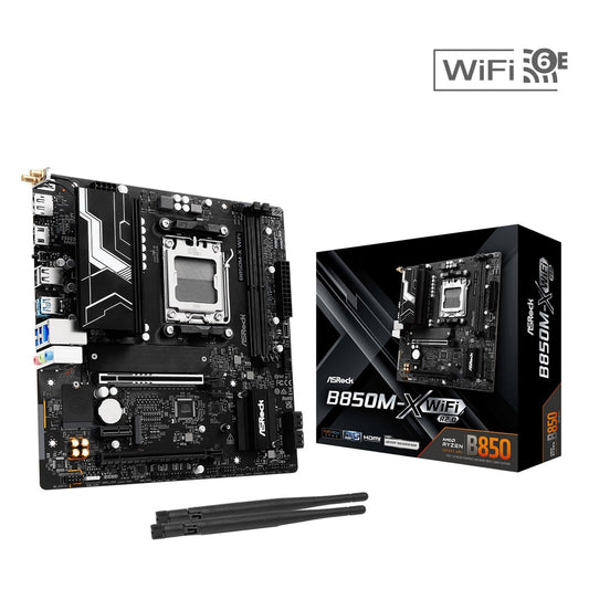ASRock B850M-X WiFi AMD AM5 Socket Motherboard, Micro-ATX, 2x DDR5 Slots, 2x M.2 Sockets, 1x USB-C Port, 2.5GbE LAN, Wi-Fi 6E, 1x DisplayPort / 1x HDMI Port - PC Gear UK