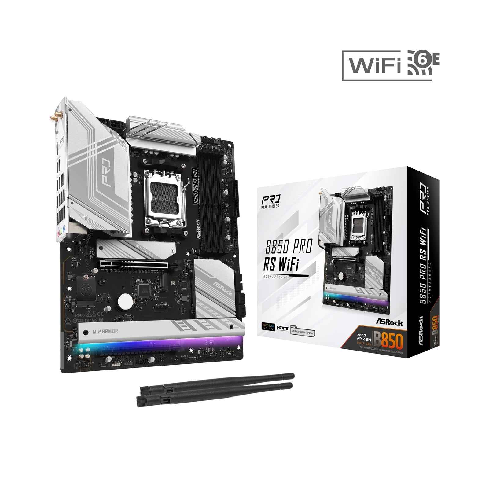 ASRock B850 Pro RS AMD AM5 Socket Motherboard, ATX, 4x DDR5 Slots, 4x M.2 Sockets, Fitted I/O Shield, 2.5GbE LAN, Wi-Fi 6E, 1x HDMI Port / 1x USB-C