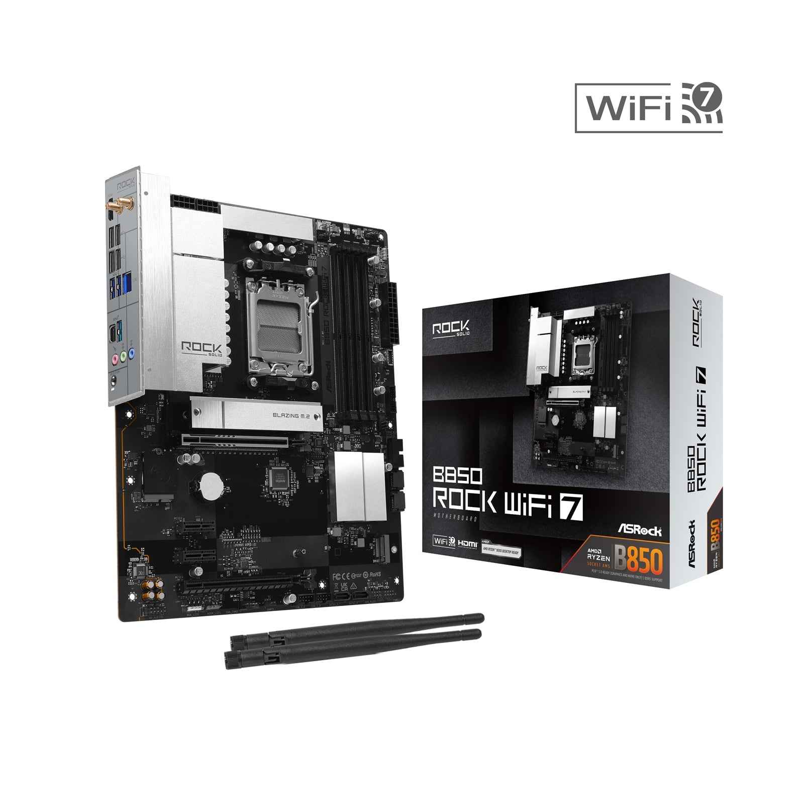 ASRock B850 Rock WiFi 7 AMD AM5 Socket Motherboard, ATX, 4x DDR5 Slots, 2x M.2 Socket, Fitted I/O Shield, 2.5GbE LAN, Wi-Fi 7, 1x HDMI Port