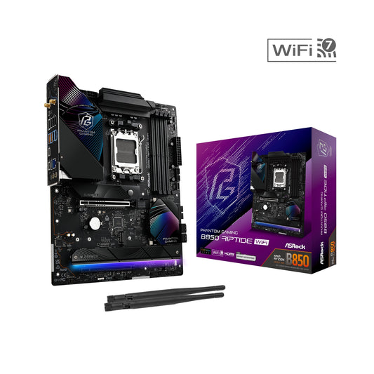 ASRock B850 Riptide WiFi PHANTOM GAMING AMD AM5 Socket Motherboard, ATX, 4x DDR5 Slots, 4x M.2 Sockets, 3x USB-C Port, Fitted I/O Shield, 2.5GbE LAN, Wi-Fi 7, 1x HDMI Port - PC Gear UK