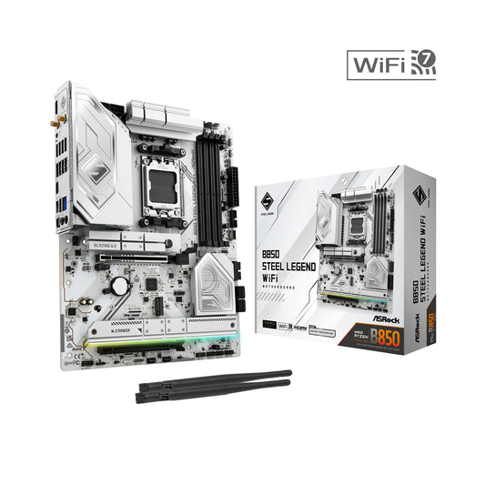ASRock B850 Steel Legend WiFi AMD AM5 Socket Motherboard, ATX, 4x DDR5 Slots, 4x M.2 Sockets, 2x USB-C Port, Fitted I/O Shield, 2.5GbE LAN, Wi-Fi 7, 1x HDMI Port - PC Gear UK