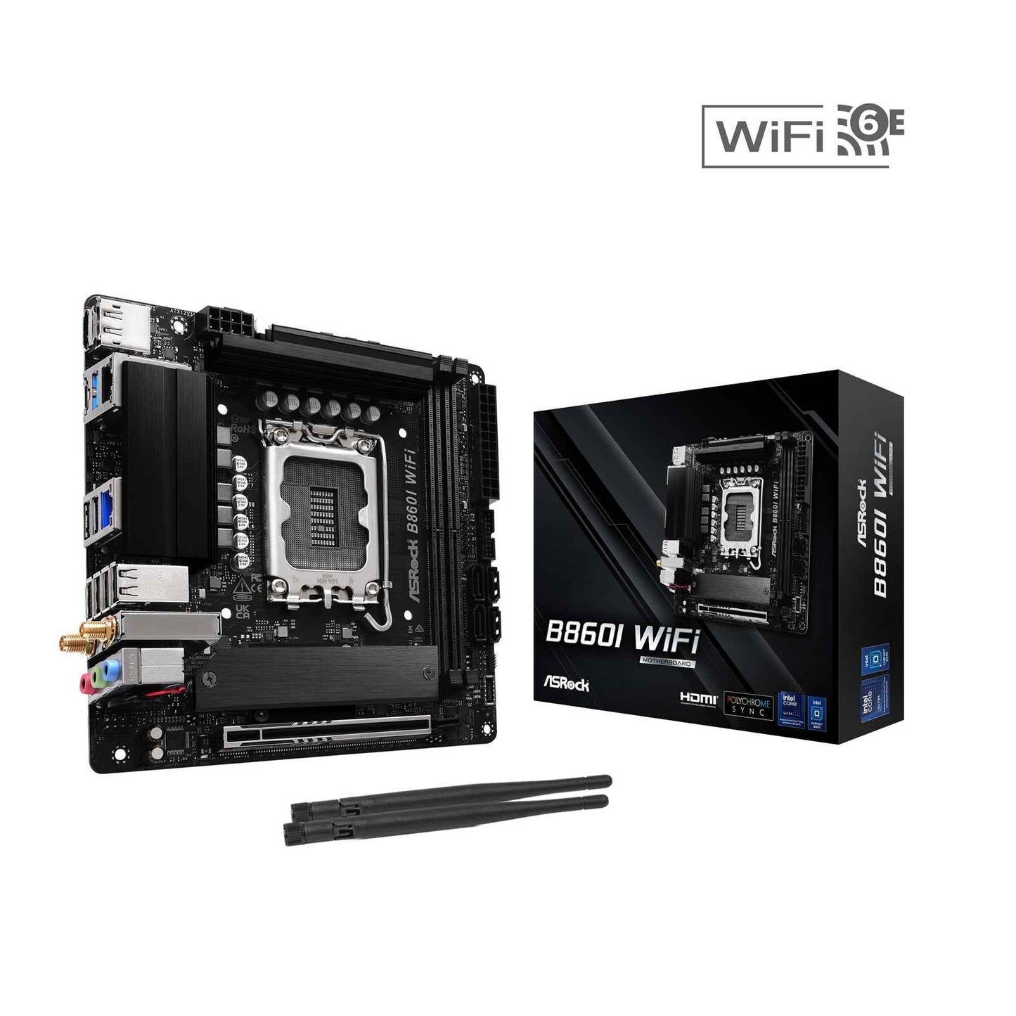 ASRock B860I WiFi Intel 1851 Socket Motherboard, Mini-ITX, 2x DDR5 Slots, 2x M.2 Socket, 2.5GbE + 1GbE LAN, Wi-Fi 6E, 1x DisplayPort / 1x HDMI Port