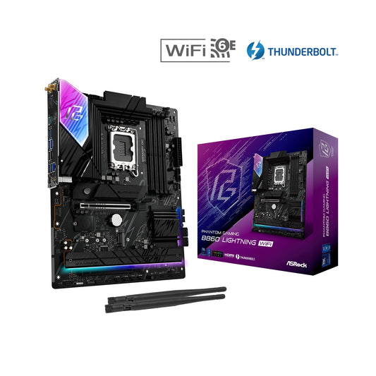 ASRock B860 Lightning WiFi PHANTOM GAMING Intel 1851 Socket Motherboard, ATX, 4x DDR5 Slots, 4x M.2 Sockets, 2x USB-C Port, Fitted I/O Shield, 2.5GbE LAN, Wi-Fi 6E, 1x DisplayPort / 1x HDMI / 1x USB-C (USB4) - PC Gear UK