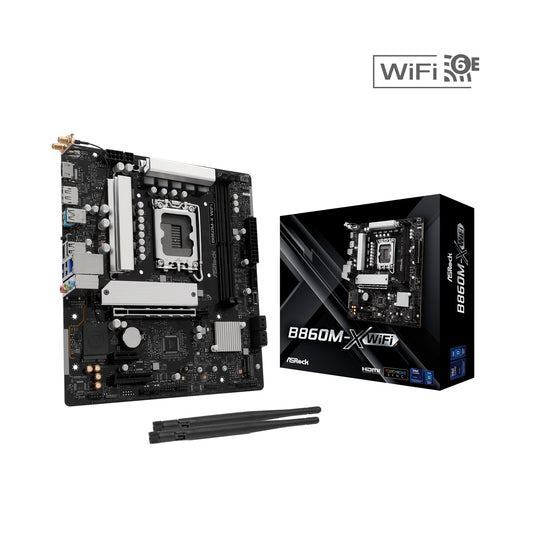 ASRock B860M-X WiFi Intel 1851 Socket Motherboard, Micro-ATX, 2x DDR5 Slots, 2x M.2 Sockets, 2x USB-C Port, 2.5GbE LAN, Wi-Fi 6E, 1x DisplayPort / 1x HDMI Port - PC Gear UK