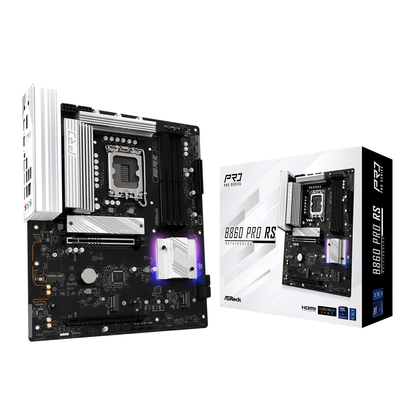 ASRock B860 Pro RS Intel 1851 Socket Motherboard, ATX, 4x DDR5 Slots, 3x M.2 Sockets, 2x USB-C Port, Fitted I/O Shield, 2.5GbE LAN, 1x DisplayPort / 1x HDMI Port - PC Gear UK