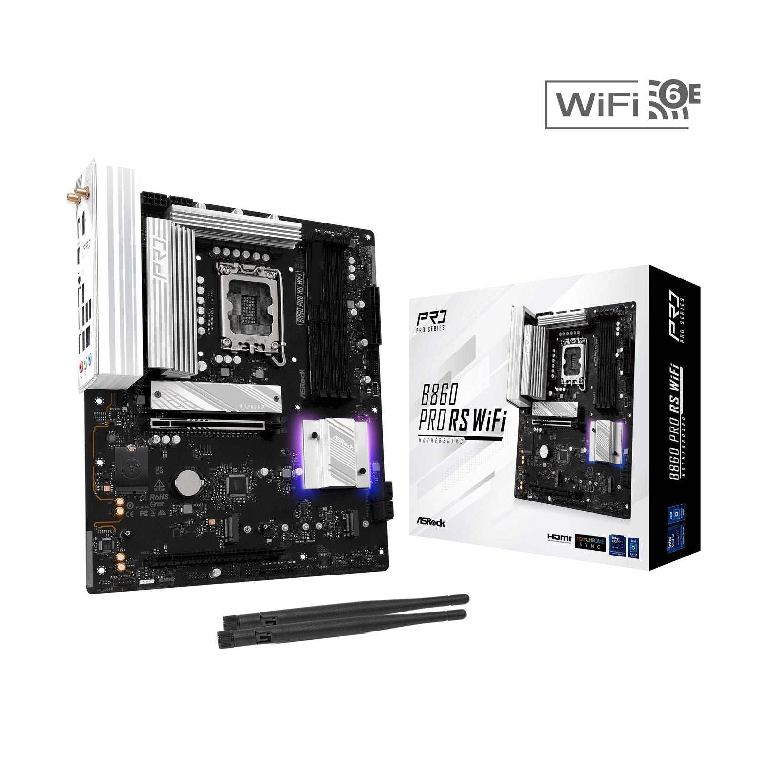 ASRock B860 Pro RS WiFi Intel 1851 Socket Motherboard, ATX, 4x DDR5 Slots, 3x M.2 Sockets, 2x USB-C Port, Fitted I/O Shield, 2.5GbE LAN, Wi-Fi 6E, 1x DisplayPort / 1x HDMI Port - PC Gear UK