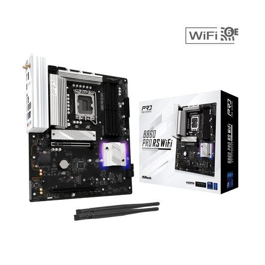 ASRock B860 Pro RS WiFi Intel 1851 Socket Motherboard, ATX, 4x DDR5 Slots, 3x M.2 Sockets, 2x USB-C Port, Fitted I/O Shield, 2.5GbE LAN, Wi-Fi 6E, 1x DisplayPort / 1x HDMI Port - PC Gear UK