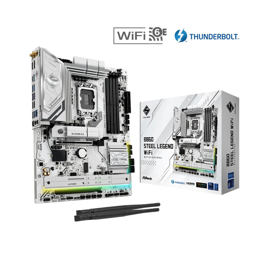 ASRock B860 Steel Legend WiFi Intel 1851 Socket Motherboard, ATX, 4x DDR5 Slots, 3x M.2 Sockets, 2x USB-C Port, Fitted I/O Shield, 2.5GbE LAN, Wi-Fi 6E, 1x DisplayPort / 1x HDMI / 1x USB-C (USB4) - PC Gear UK