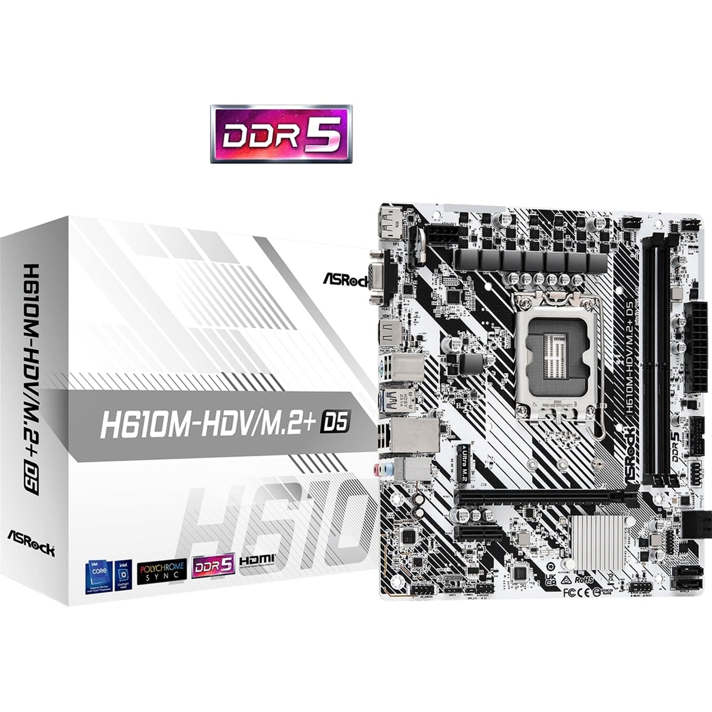 ASRock, ASRock H610M-HDV/M.2+ D5 Intel 1700 Socket Motherboard, Micro-ATX, 2x DDR5 Slots, 1x M.2 Socket, 1x USB-C Port, GbE LAN, 1x D-Sub / 1x DisplayPort / 1x HDMI Port, Intel� H610, Micro ATX Form Factor: 8.66-in x 7.6-in, 22.0 cm x 19.3 cm