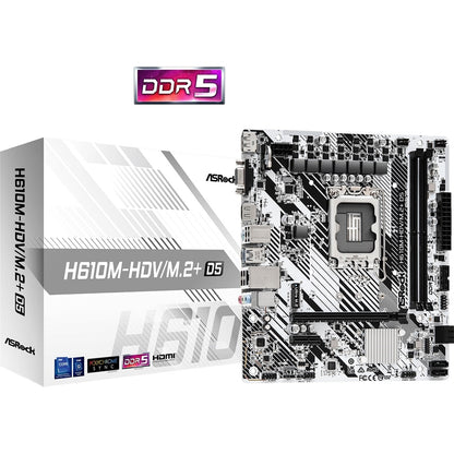 ASRock, ASRock H610M-HDV/M.2+ D5 Intel 1700 Socket Motherboard, Micro-ATX, 2x DDR5 Slots, 1x M.2 Socket, 1x USB-C Port, GbE LAN, 1x D-Sub / 1x DisplayPort / 1x HDMI Port, Intel� H610, Micro ATX Form Factor: 8.66-in x 7.6-in, 22.0 cm x 19.3 cm