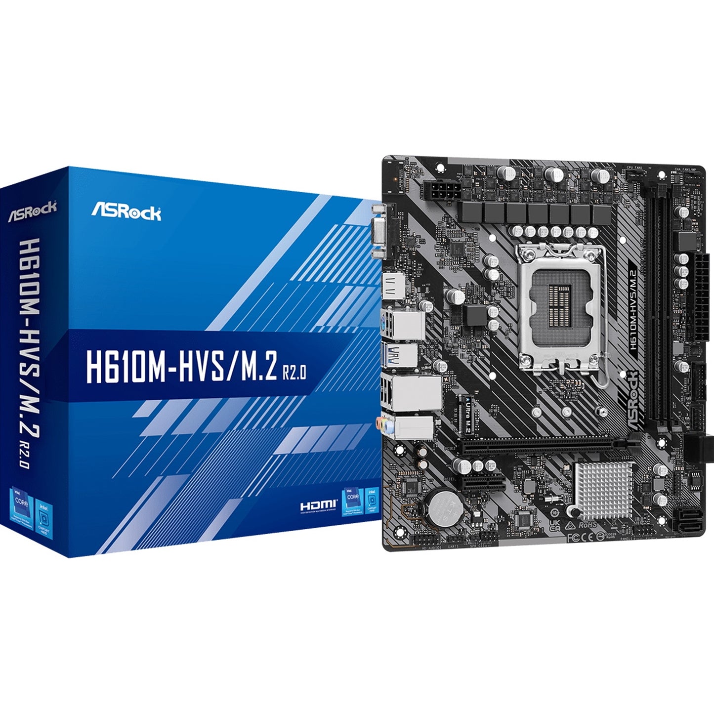 ASRock, ASRock H610M-HVS/M.2 R2.0 Super Alloy Intel 1700 Socket Motherboard, Micro-ATX, 2x DDR4 Slots, 1x M.2 Socket, GbE LAN, 1x D-Sub / 1x HDMI Port, Intel H610, Micro ATX Form Factor: 8.76-in x 7.4-in, 22.3 cm x 18.8 cmSolid Capacitor design