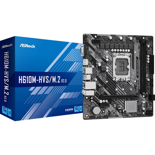 ASRock, ASRock H610M-HVS/M.2 R2.0 Super Alloy Intel 1700 Socket Motherboard, Micro-ATX, 2x DDR4 Slots, 1x M.2 Socket, GbE LAN, 1x D-Sub / 1x HDMI Port, Intel H610, Micro ATX Form Factor: 8.76-in x 7.4-in, 22.3 cm x 18.8 cmSolid Capacitor design