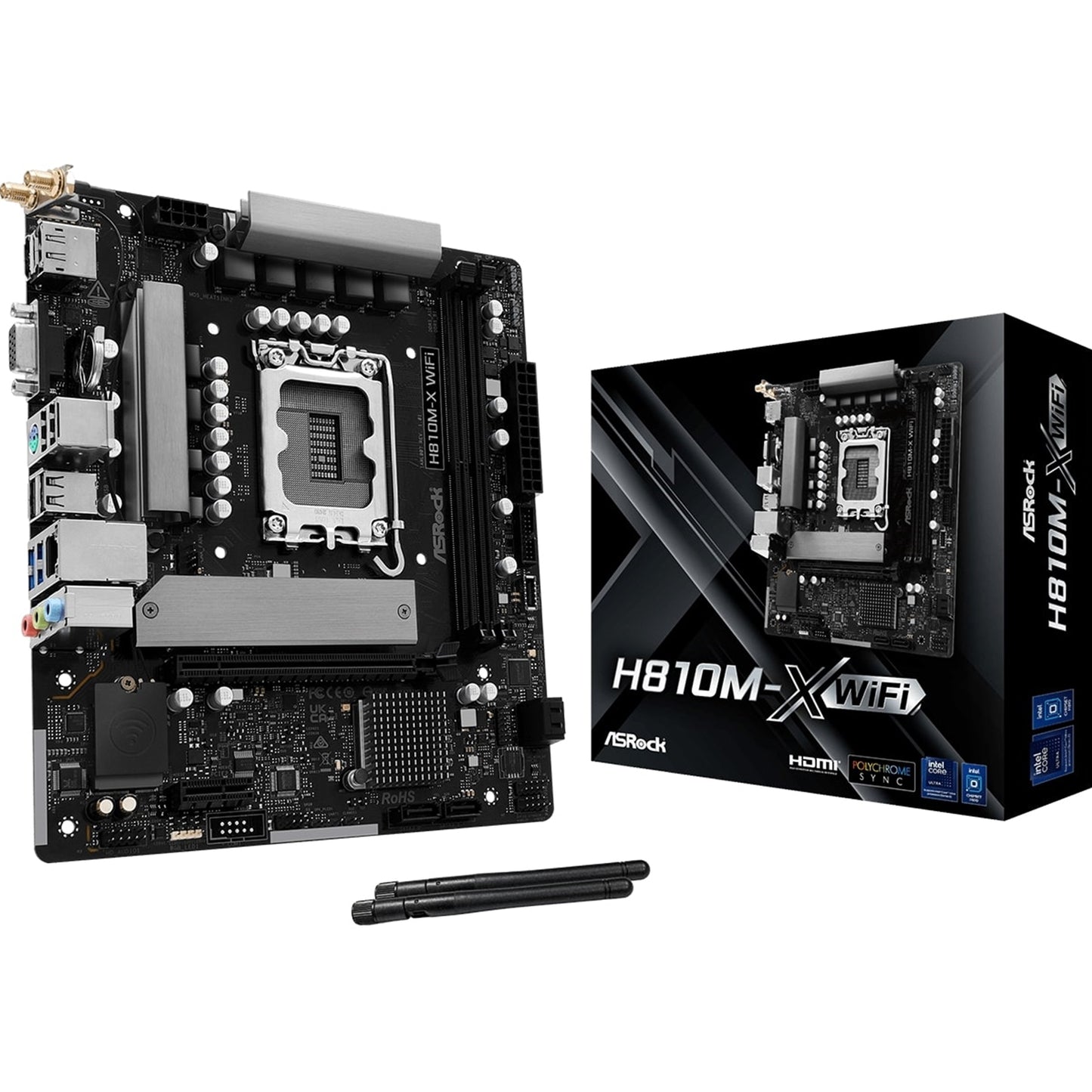 ASRock H810M-X WIFI Intel Socket 1851 Motherboard, 2x DDR5 DIMM Slots, 1x M.2 Socket, 2.5G LAN, Wi-Fi 5, 1x HDMI Port / 1x DisplayPort