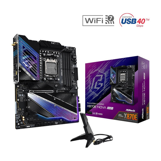 ASRock X870E NOVA WIFI PHANTOM GAMING AMD AM5 Socket Motherboard, ATX, 4x DDR5 Slots, 5x M.2 Sockets, 3x USB-C Port, Fitted I/O Shield, 5GbE LAN, Wi-Fi 7, 1x HDMI Port / 2x USB-C (USB4) - PC Gear UK