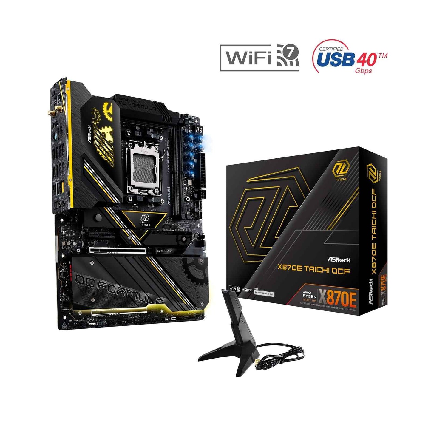 ASRock X870E TAICHI OCF AMD AM5 Socket Motherboard, ATX, 2x DDR5 Slots, 6x M.2 Socket, Fitted I/O Shield, 5GbE LAN, Wi-Fi 7, 1x HDMI Port