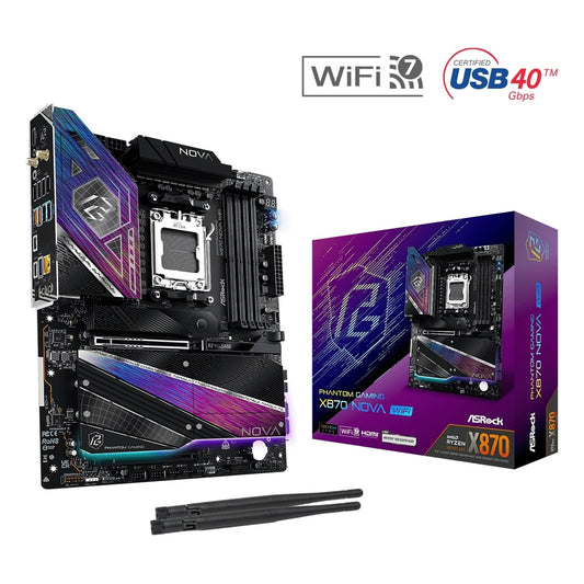 ASRock, ASRock PHANTOM GAMING X870 Nova WiFi AMD Socket AM5 Motherboard, 4 x DDR5 Slots, 5x M.2 Socket, 5GbE LAN, Wi-Fi 7, 1x HDMI Port / 1x USB-C (USB4), AMD X870, ATX Form Factor: 12.0-in x 9.6-in, 30.5 cm x 24.4 cm8 Layer PCB2oz Copper PCB