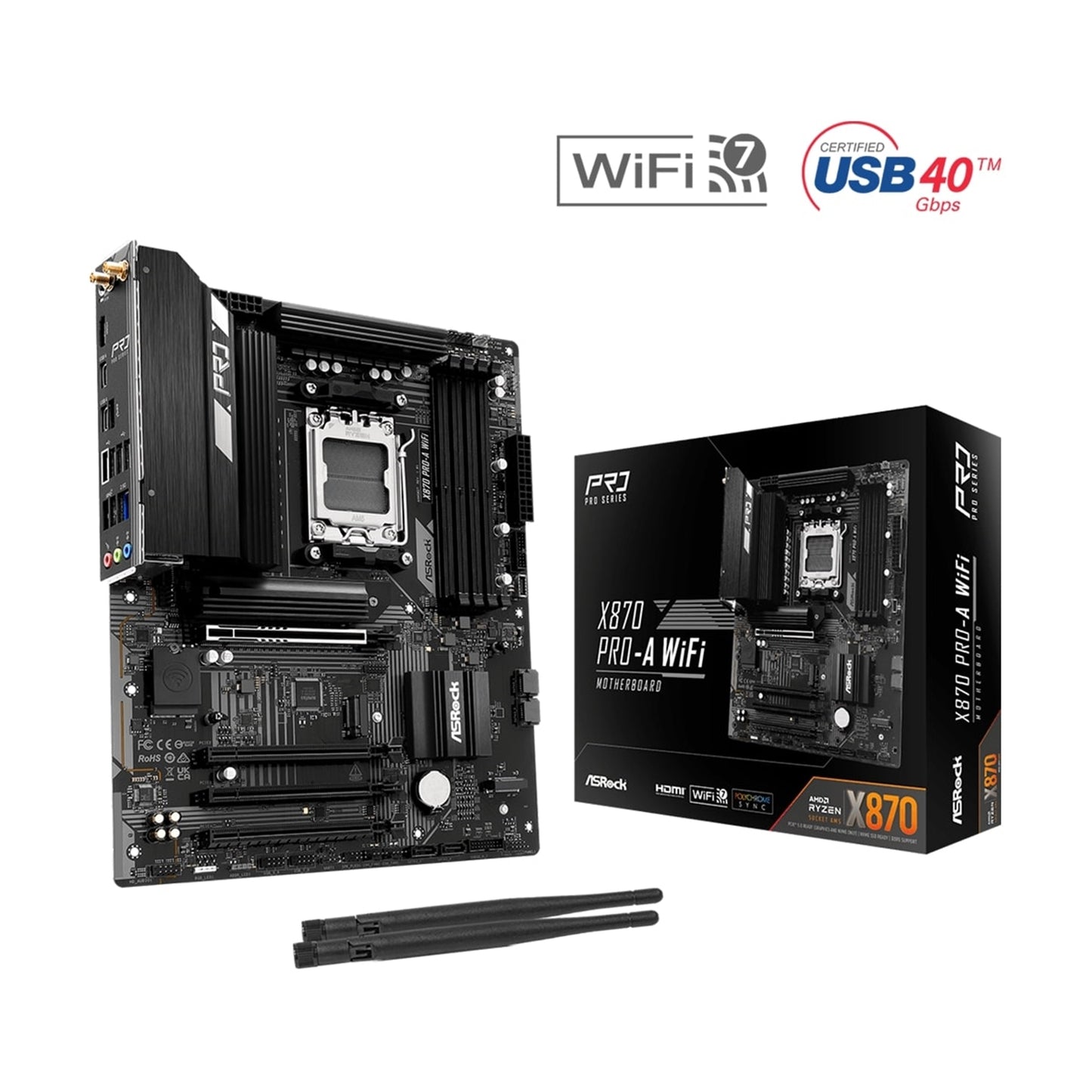 ASRock, ASRock X870 Pro-A WiFi AMD AM5 Socket Motherboard, 4 x DDR5 Slots, 3x M.2 Socket, 2.5GbE LAN, Wi-Fi 7, 1x HDMI Port / 2x USB-C (USB4), AMD X870, ATX Form Factor: 12.0-in x 9.6-in, 30.5 cm x 24.4 cm8 Layer PCB