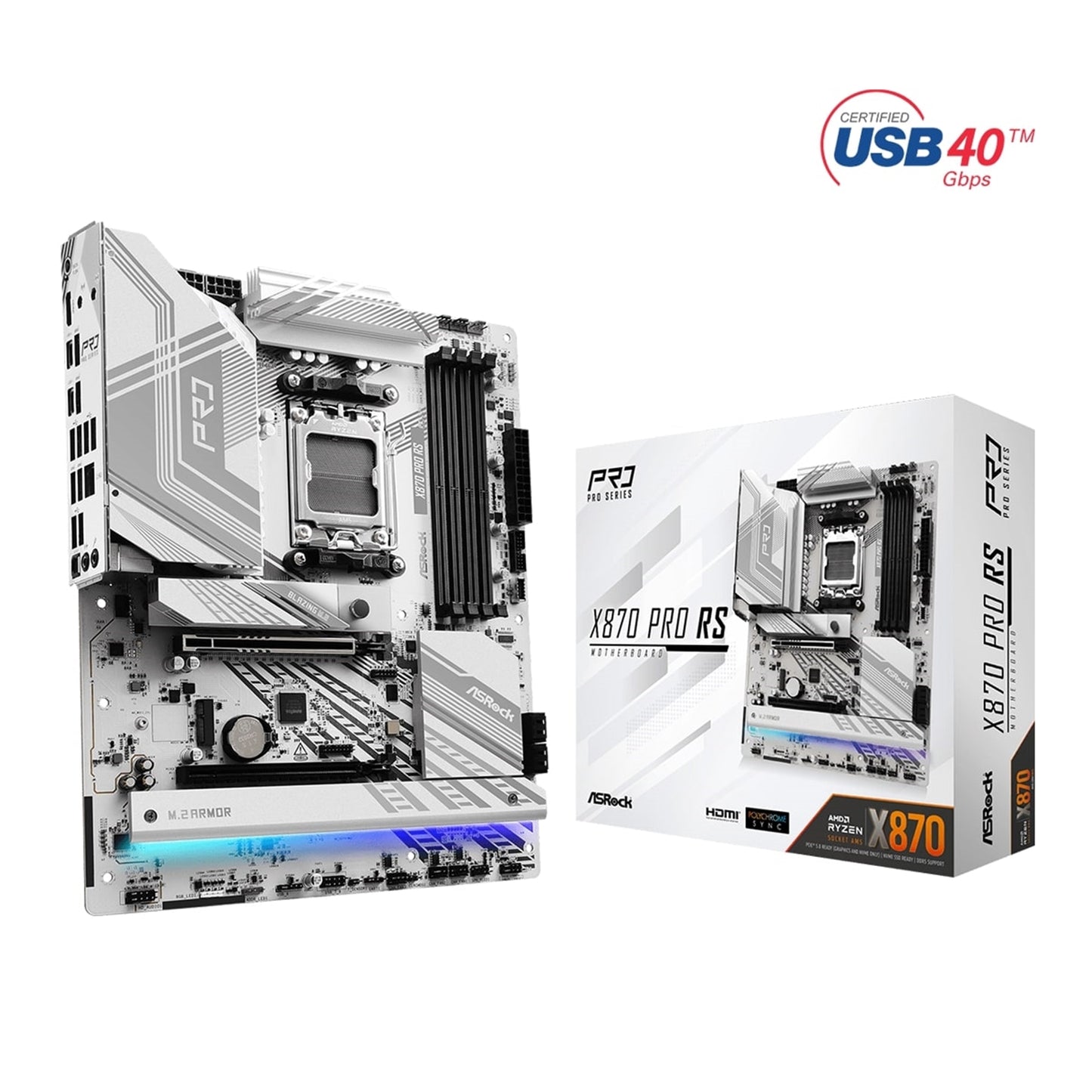 ASRock, ASRock X870 PRO RS AMD AM5 Socket Motherboard, ATX, 4x DDR5 Slots, 3x M.2 Sockets, Fitted I/O Shield, 2.5GbE LAN, 1x HDMI Port / 2x USB-C (USB4), AMD X870