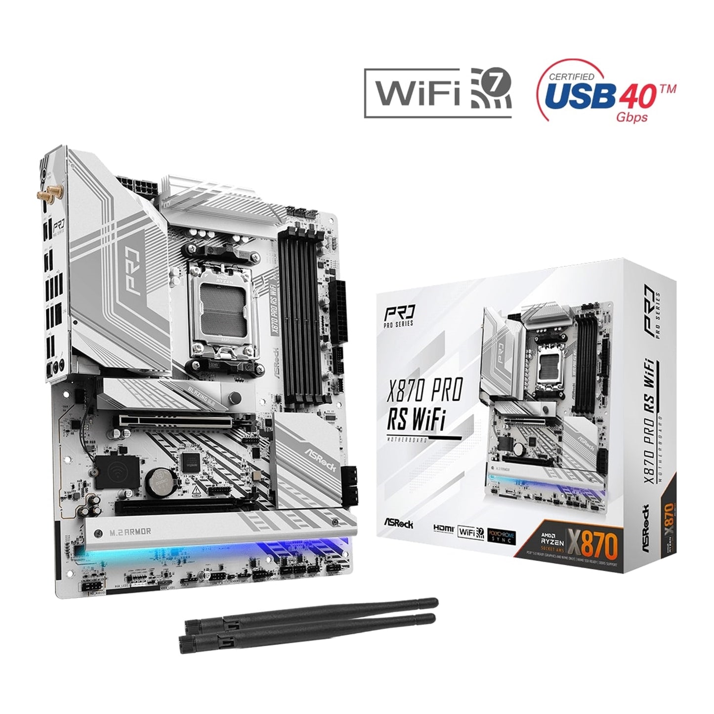 ASRock, ASRock X870 PRO RS WIFI AMD AM5 Socket Motherboard, ATX, 4x DDR5 Slots, 3x M.2 Sockets, Fitted I/O Shield, 2.5GbE LAN, Wi-Fi 7, 1x HDMI Port / 2x USB-C (USB4), AMD X870