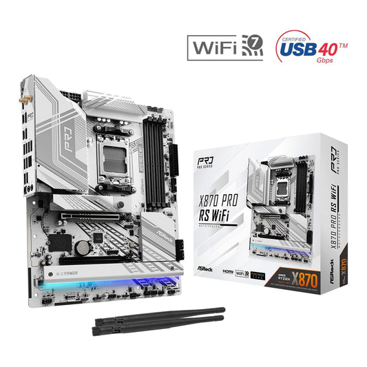 ASRock, ASRock X870 PRO RS WIFI AMD AM5 Socket Motherboard, ATX, 4x DDR5 Slots, 3x M.2 Sockets, Fitted I/O Shield, 2.5GbE LAN, Wi-Fi 7, 1x HDMI Port / 2x USB-C (USB4), AMD X870