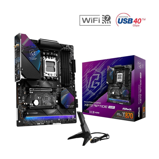 ASRock X870 RIPTIDE WIFI PHANTOM GAMING AMD AM5 Socket Motherboard, ATX, 4x DDR5 Slots, 3x M.2 Sockets, 3x USB-C Port, Fitted I/O Shield, 2.5GbE LAN, Wi-Fi 7, 1x HDMI Port / 2x USB-C (USB4) - PC Gear UK
