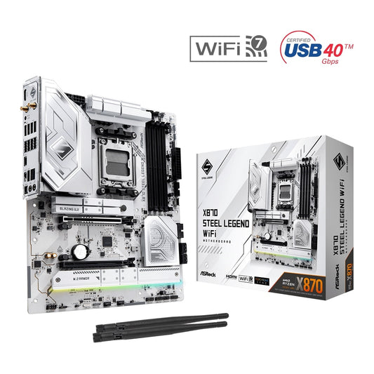 ASRock X870 STEEL LEGEND WIFI AMD AM5 Socket Motherboard, ATX, 4x DDR5 Slots, 3x M.2 Sockets, 3x USB-C Port, Fitted I/O Shield, 2.5GbE LAN, Wi-Fi 7, 1x HDMI Port / 2x USB-C (USB4) - PC Gear UK