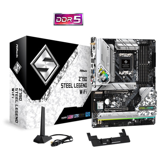 ASRock Z790 Steel Legend WiFi Intel 1700 Socket Motherboard, ATX, 4x DDR5 Slots, 6x M.2 Sockets, 2x USB-C Port, Fitted I/O Shield, 2.5GbE LAN, Wi-Fi 6E, 1x DisplayPort / 1x HDMI Port - PC Gear UK