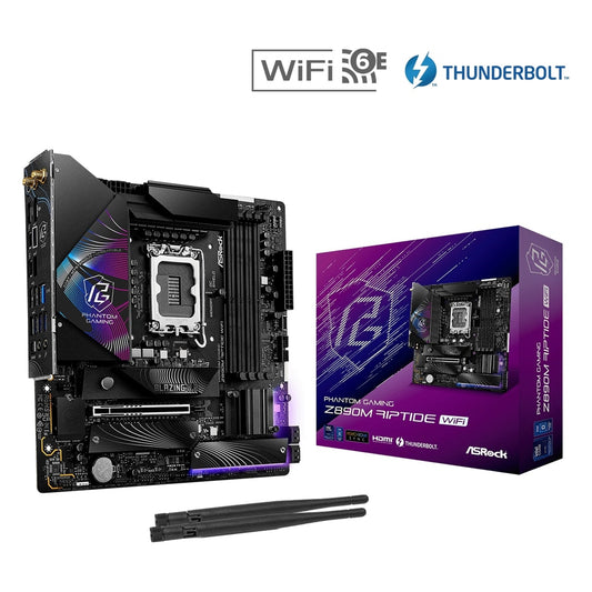 ASRock Z890M RIPTIDE WIFI PHANTOM GAMING Intel 1851 Socket Motherboard, Micro-ATX, 4x DDR5 Slots, 3x M.2 Sockets, 3x USB-C Port, Fitted I/O Shield, 2.5GbE LAN, Wi-Fi 6E, 1x DisplayPort / 1x HDMI / 2x USB-C (USB4) - PC Gear UK