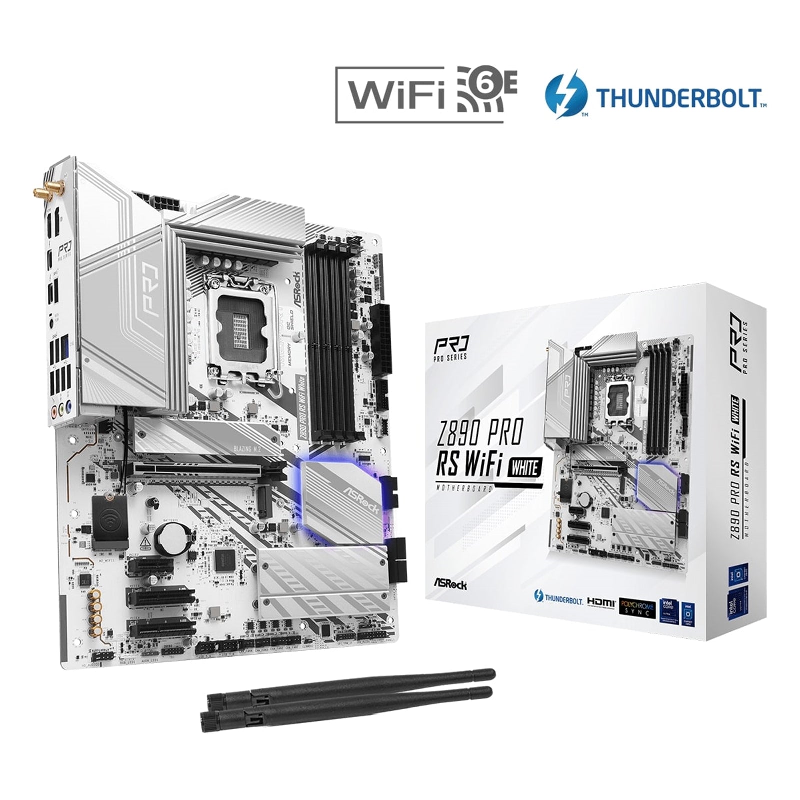 ASRock Z890 PRO RS WIFI WHITE Intel 1851 Socket Motherboard, ATX, 4x DDR5 Slots, 4x M.2 Sockets, 3x USB-C Port, Fitted I/O Shield, 2.5GbE LAN, Wi-Fi 6E, 1x DisplayPort / 1x HDMI / 2x USB-C (USB4) - PC Gear UK