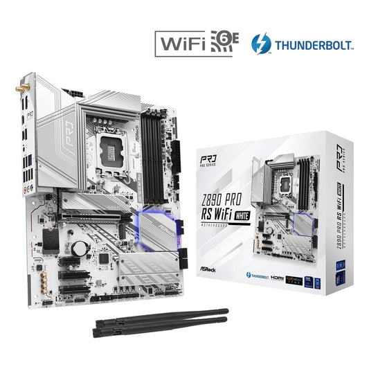 ASRock Z890 PRO RS WIFI WHITE Intel 1851 Socket Motherboard, ATX, 4x DDR5 Slots, 4x M.2 Sockets, 3x USB-C Port, Fitted I/O Shield, 2.5GbE LAN, Wi-Fi 6E, 1x DisplayPort / 1x HDMI / 2x USB-C (USB4) - PC Gear UK