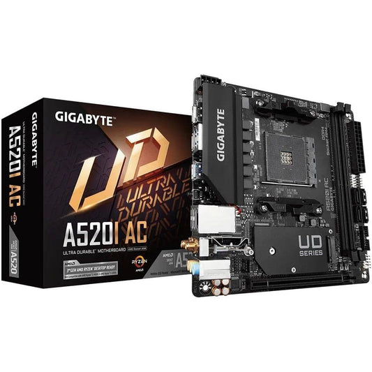 Gigabyte A520I AC Ultra Durable AMD AM4 Socket Motherboard, Mini-ITX, 2x DDR4 Slots, 1x M.2 Socket, GbE LAN, Wi-Fi 5, 1x Display Port 1.4 / 2x HDMI Ports - PC Gear UK