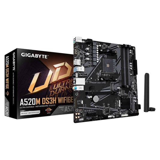 Gigabyte A520M DS3H WIFI6E AMD AM4 Socket Motherboard, Micro-ATX, 4x DDR4 Slots, 1x M.2 Socket, GbE LAN, Wi-Fi 6E, 1x DisplayPort / 1x HDMI Port