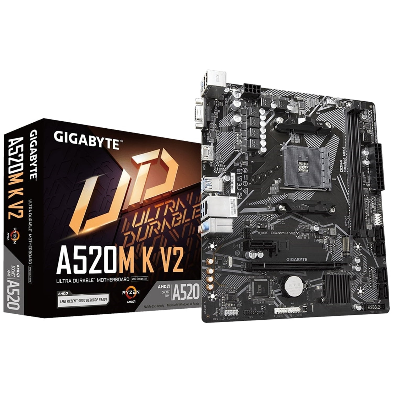 Gigabyte A520M K V2 Ultra Durable AMD AM4 Socket Motherboard, Micro-ATX, 2x DDR4 Slots, 1x M.2 Socket, GbE LAN, 1x D-Sub / 1x HDMI Port - PC Gear UK