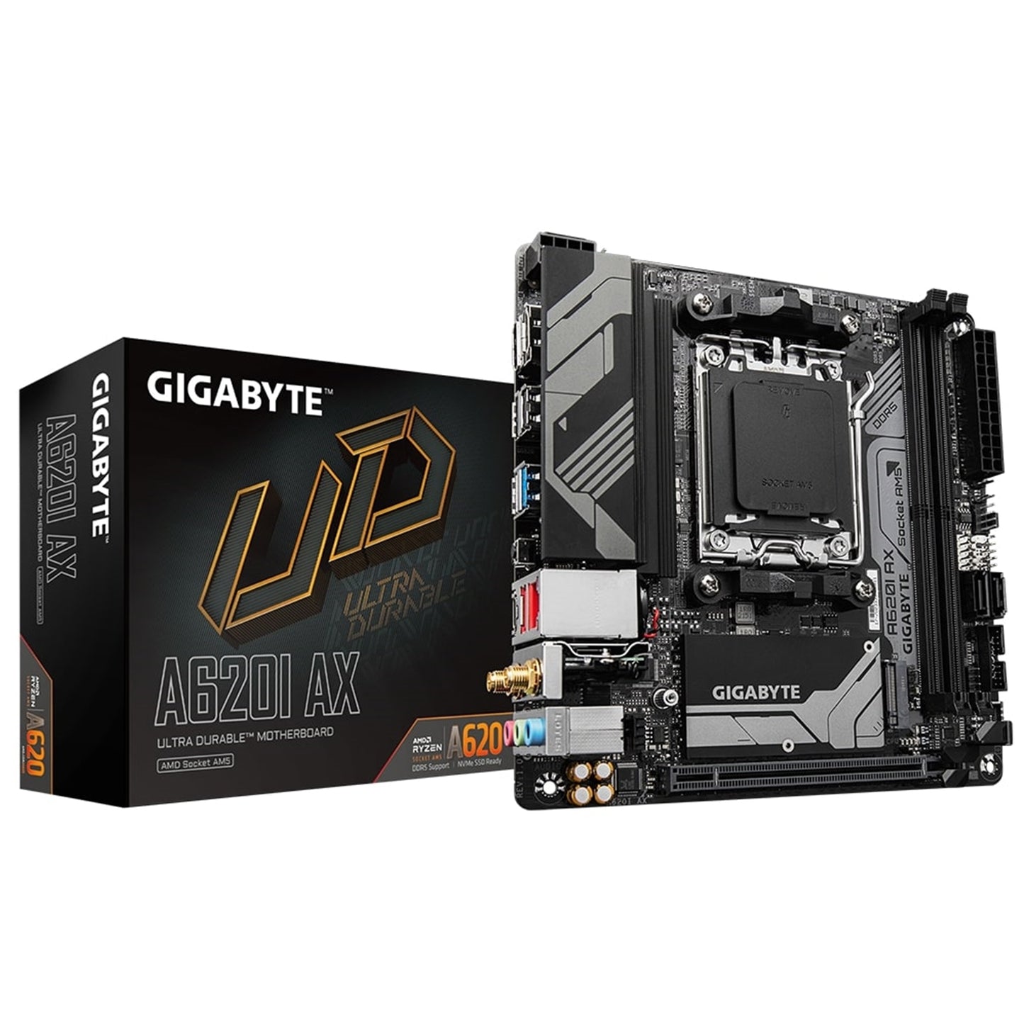 Gigabyte, Gigabyte A620I AX (rev. 1.0) AMD AM5 Socket Motherboard, Mini-ITX, 2x DDR5 Slots, 1x M.2 Socket, 2.5GbE LAN, Wi-Fi 6E, 1 x DisplayPort / 1x HDMI Port, AMD A620, Mini-ITX Form Factor; 17.0cm x 17.0cm